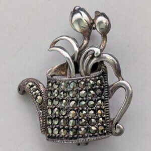 SD THAILAND 925 Sterling Silver Marcasite Watering Can Flower Pot Brooch Pin